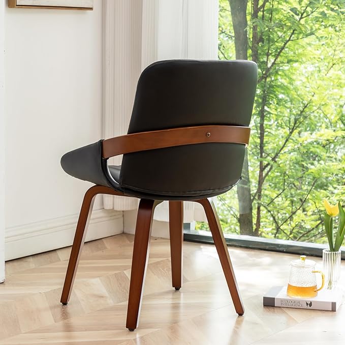 YOUUGIOR Mid Century Modern Faux Leather Upholstered Dining Chairs,Armless Accent Chairs with Sturdy Natural Wood Legs,Bamboo Backrest Support for Kitchen&Dining Room Chairs(1PCS,Black)