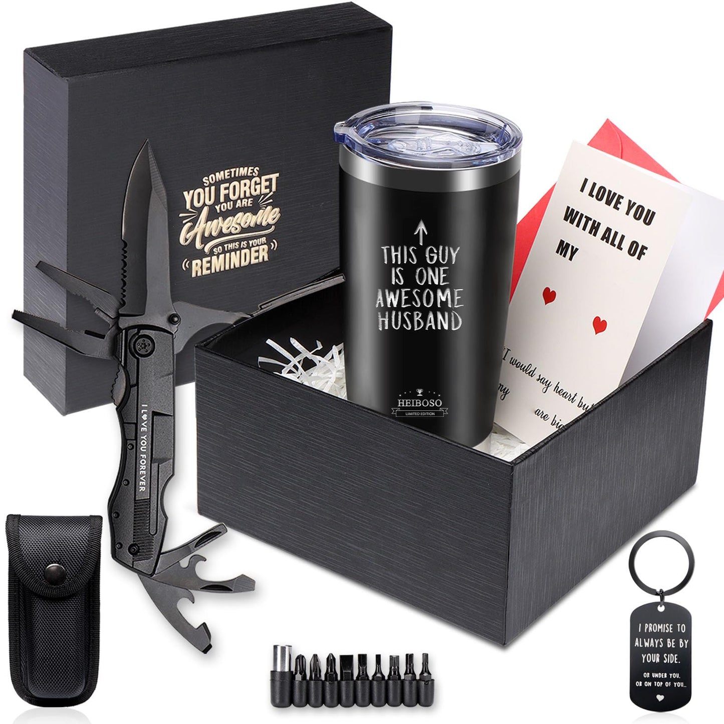 Gifts For Husband - Premium Insulated Tumbler & Multi-Tool Pocket Knife Set with Keychain & Greeting Card - Perfect Best Gifts,Anniversary, Birthday Gift for Him - Mens Wedding Keepsake Box
