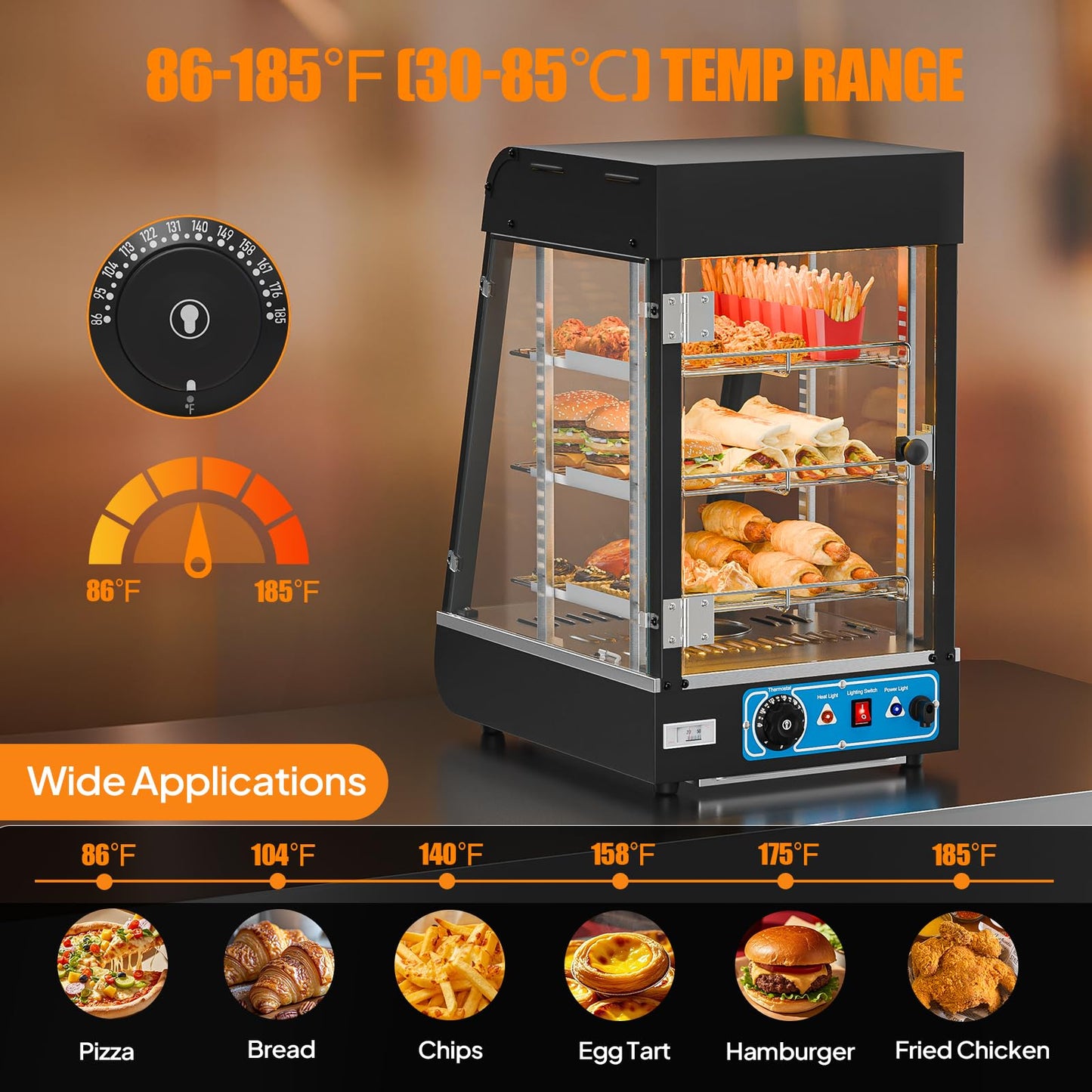 ROVSUN 15" Commercial Food Warmer Display Pizza Warmer, 3-Tier Electric Countertop Food Warmer w/LED Lighting Adjustable Removable Shelves Glass Door, Pretzel Warmer for Buffet Restaurant, 1000W
