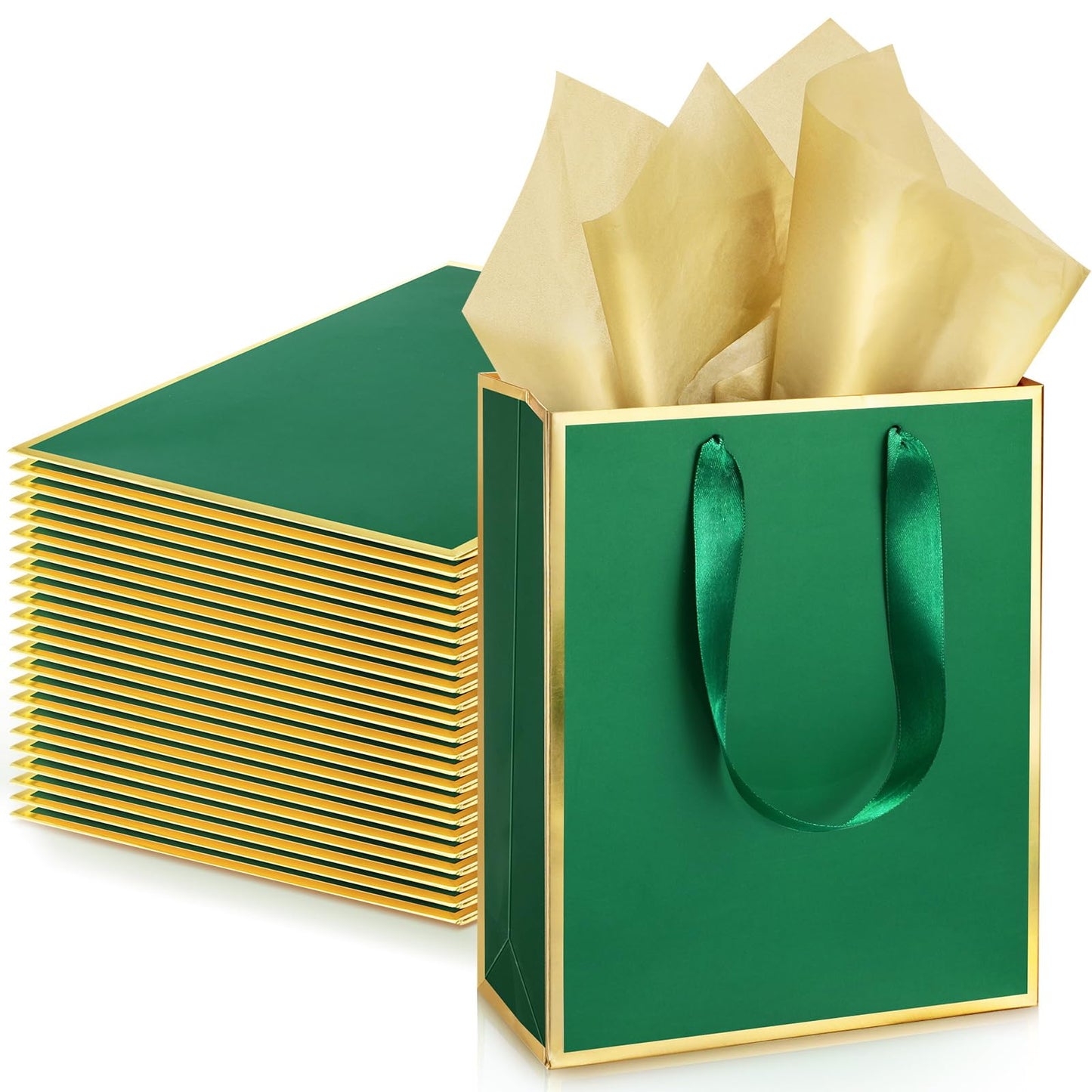Yeaqee 24 Pack Metallic Paper Gift Bags with Handle and Tissue 9x7x3.1 Gold Foil Welcome Favor Bags Return Gifts for Wedding Fall 5 Senses Christmas Bridesmaid Birthday(Green Gold)