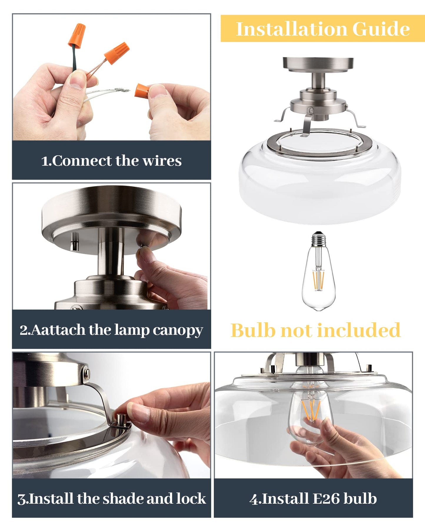 EAPUDUN Semi Flush Mount Ceiling Light, Farmhouse Close to Ceilight Lighting Fixture, Brushed Nickel Finish, Clear Glass Pendant Lamp Shade, SMA1307-BNK