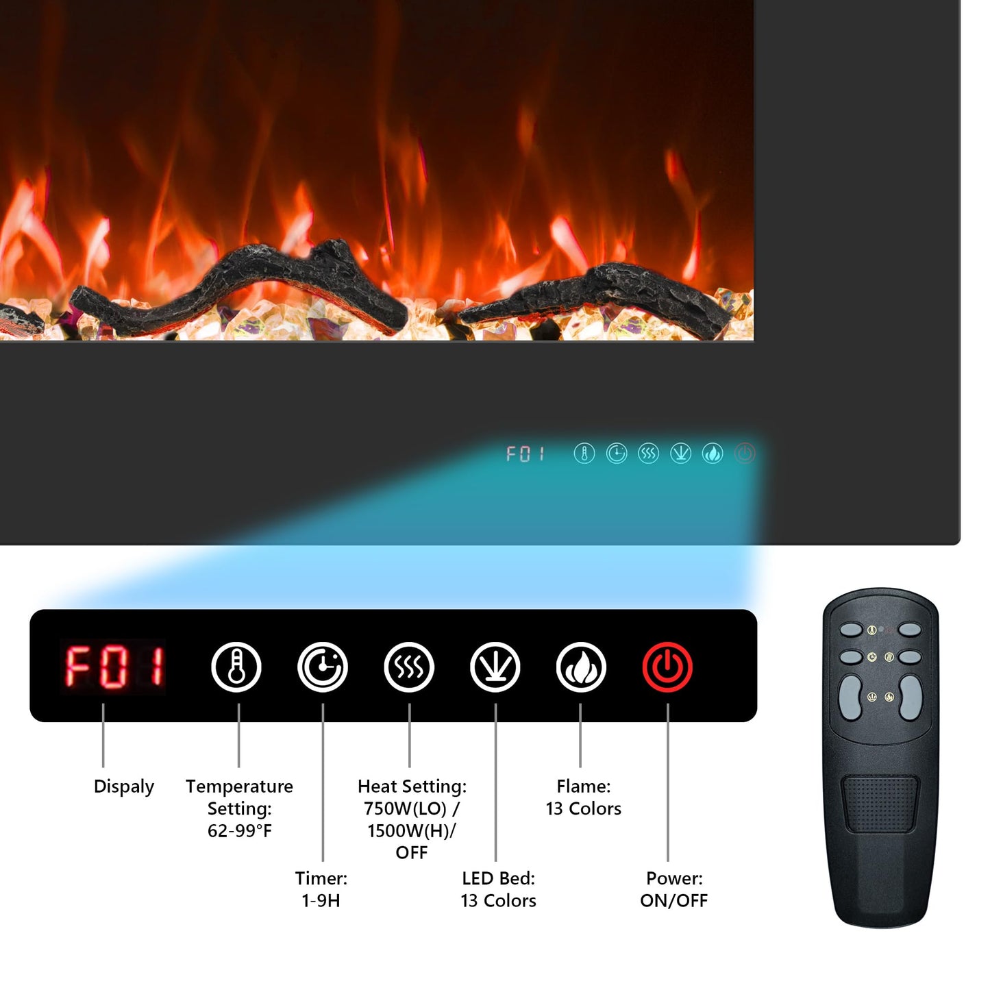 Valuxhome Wall Mounted and Recessed 60 Inches Electric Fireplace Inserts with Remote Control, 13 Flame and Flue Bed Colors, Fireplace Heater for Indoor Use,750/1500W
