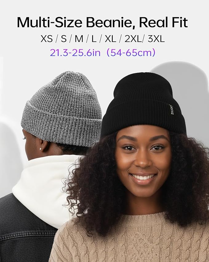 Zylioo Oversize Beanie Hats, XXL Big Size Ribbed Knit Cuffed Winter Hat for Cold Weather, Warm Skull Watch Cap