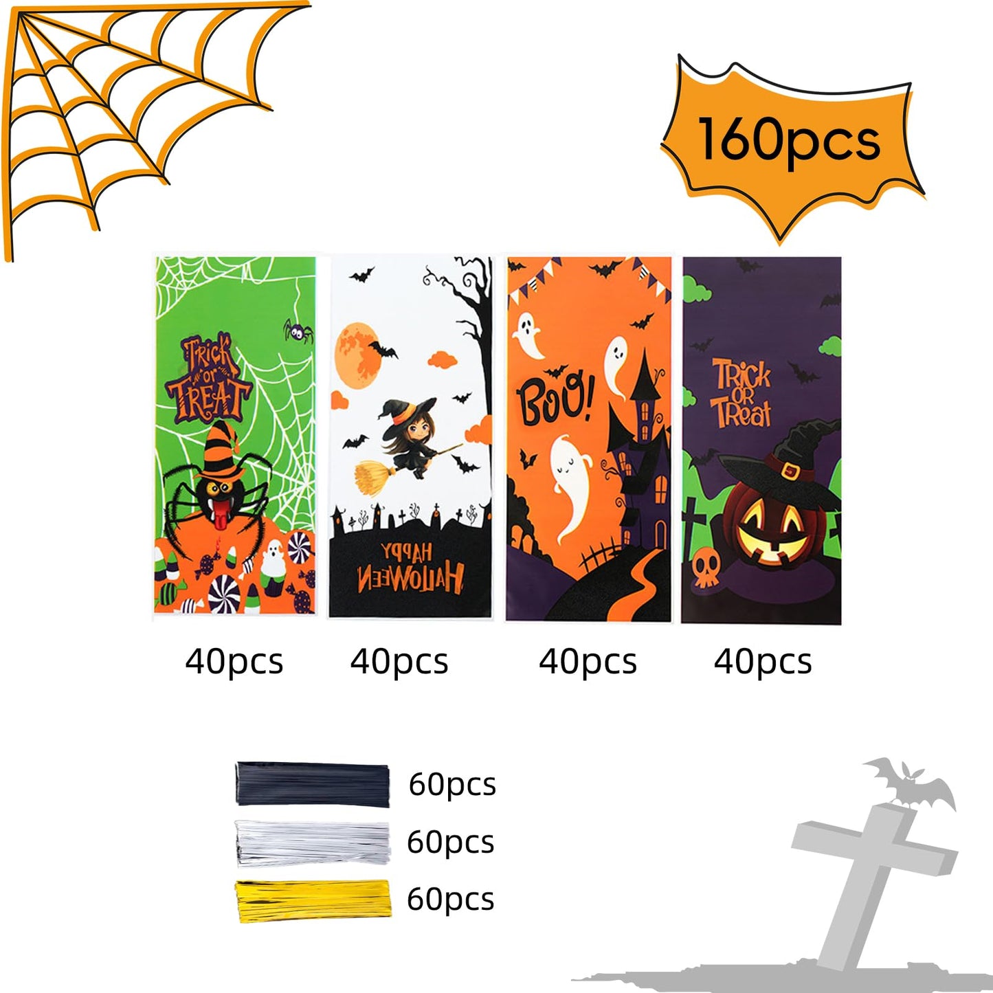 Jocomoni 160PCS Halloween Cellophane Treat Bags, Plastic Goodie Candy Bag Goody Snack Sweet Bags with Twist Ties for Halloween Party Favor Supply（4 Style）
