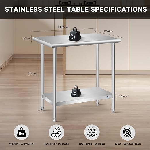 PIUMACU Stainless Steel Table, Stainless Table for Prep & Work 30x18x33 Inch, Commercial Metal Table for Restaurant Kitchen Hotel Garage
