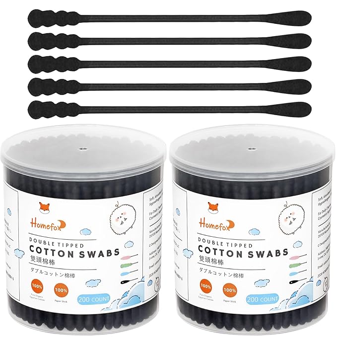 Black Cotton Swabs Spiral - 400 Count Organic Cotton Buds Double Side Tightly Wrapped Charcoal Cotton Tips Paper Stick Soft Gentle Cruelty-Free Lint-Free Goth Bathroom, Round & Spiral (Black)