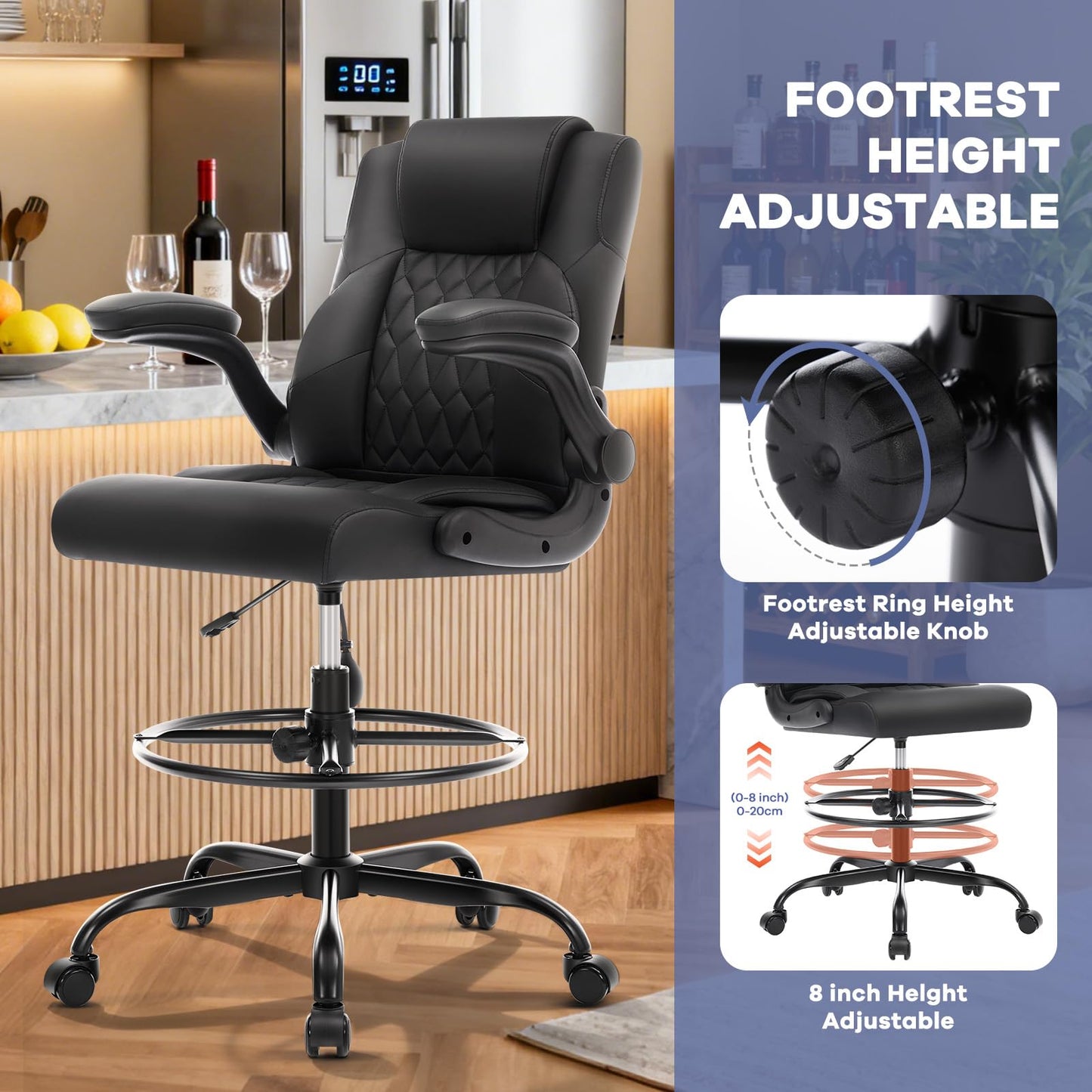 Morkprism Leather Drafting Chair, Tall Office Chair for Standing Desk, High Executive Office Chair with Inflatable Lumbar Support,Adjustable Height,Flip-up Armres and Foot Ring Studio Chair Black