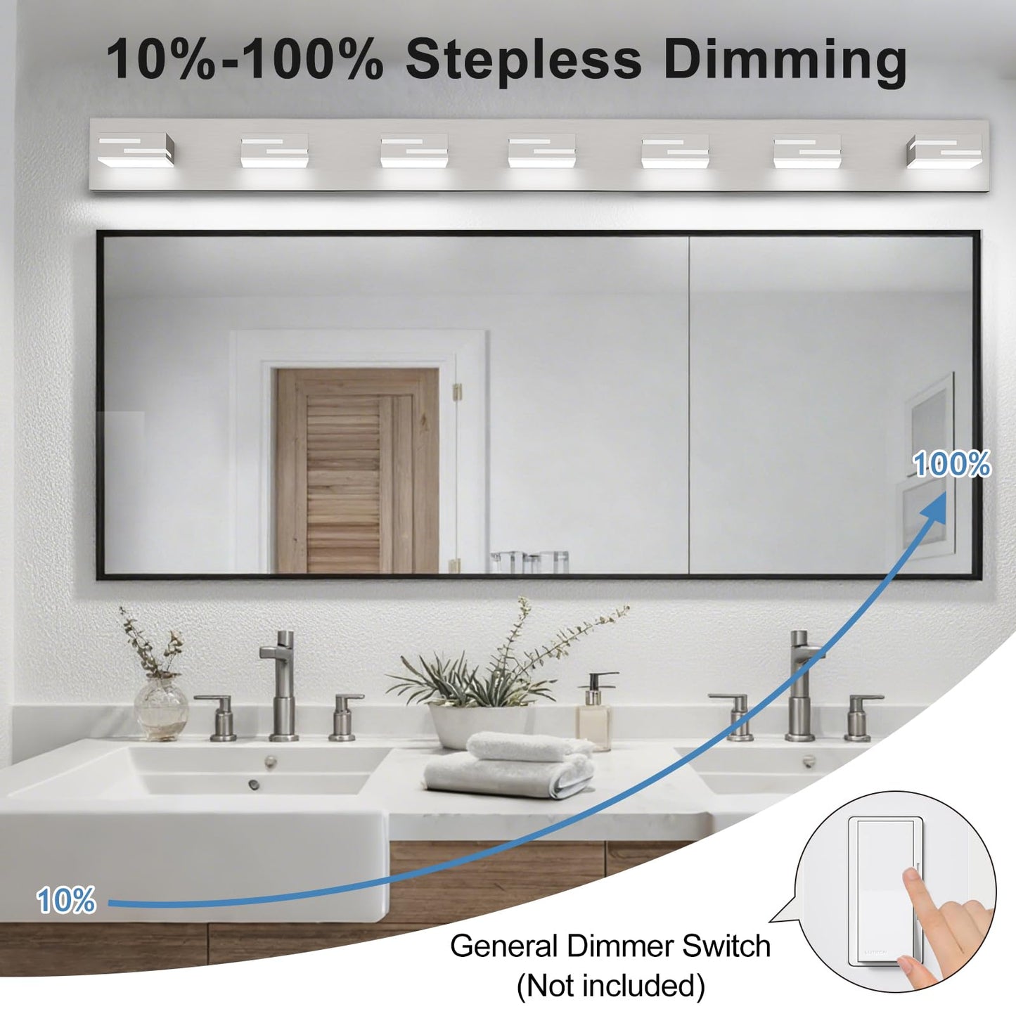 LKHF LED Modern Bathroom Vanity Light Fixtures, 7-Light 48-inch Dimmable Brushed Nickel Vanity Lights for Bathroom Lighting Fixtures Over Mirror, with 350° Rotatable Acrylic Heads (Cool White 6000K)