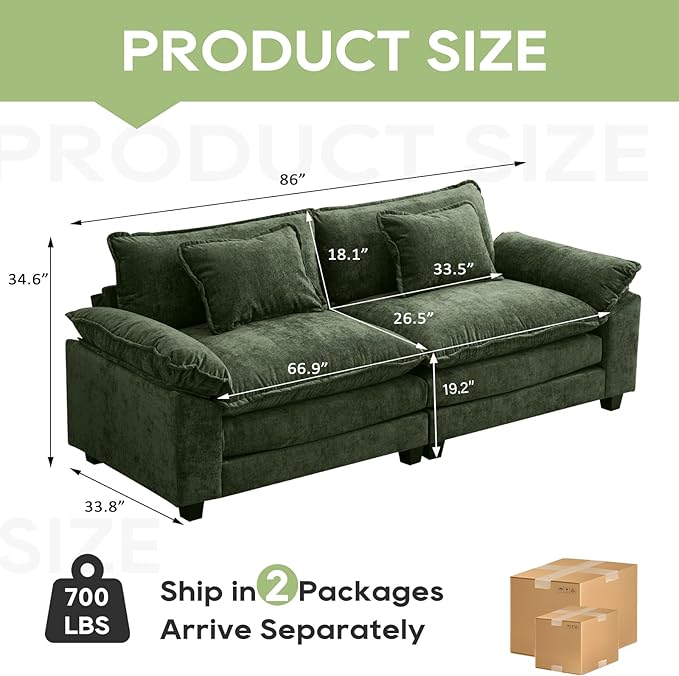 Oprisen 86" Modular Sectional Sofa, Comfy Cloud Couch Sectional Sofa, Chenille Sofa Sleeper Deep Seat Sofa with Throw Pillows for Living Room (Green, 86"- Loveseat)
