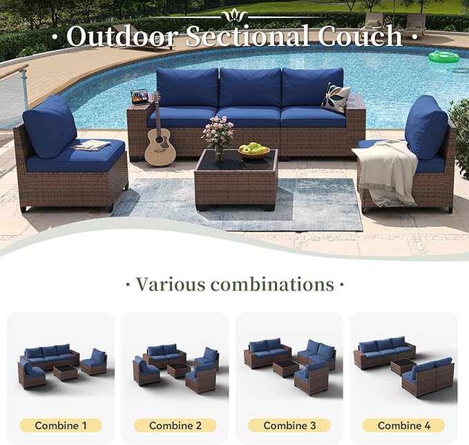 Aoxun 6 Piece Patio Furniture Set with Wide Armrests Wicker Rattan Outdoor Sectional Sofa Set with Coffee Table and Thickened Cushions, Brown/Blue(Waterproof Cover Included)