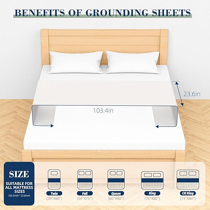 Grounding Mat for Bed 90% Organic Cotton+10% Pure Silver Fiber, Grounding Fitted Sheets for All Mattress Sizes, with Static grounding Cord and Test Pen(White, 105.4 * 23.5 inch)