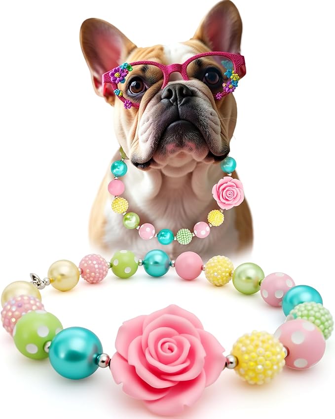 Hosiwei Princess Bubblegum Dog Collar Necklace, Chunky Beads (19mm) with Flower Charm Pet Collar | Adjustable Sparkling Pe...