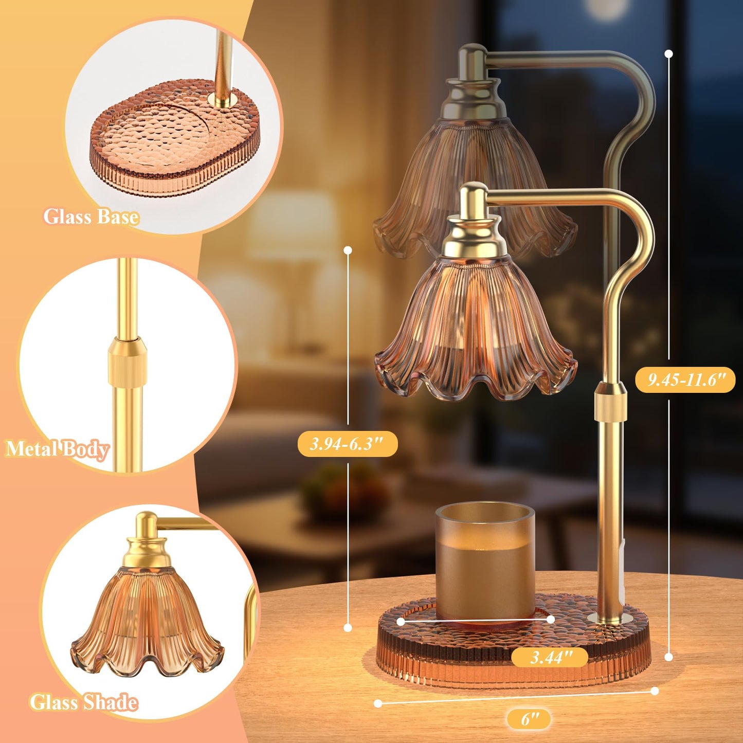 WYghyronic Candle Warmer Lamp with Adjustable Height - Flameless 4-Level Dimmable Wax Warmer, Timer Function & Stylish Design in Multiple Colors(Brown)