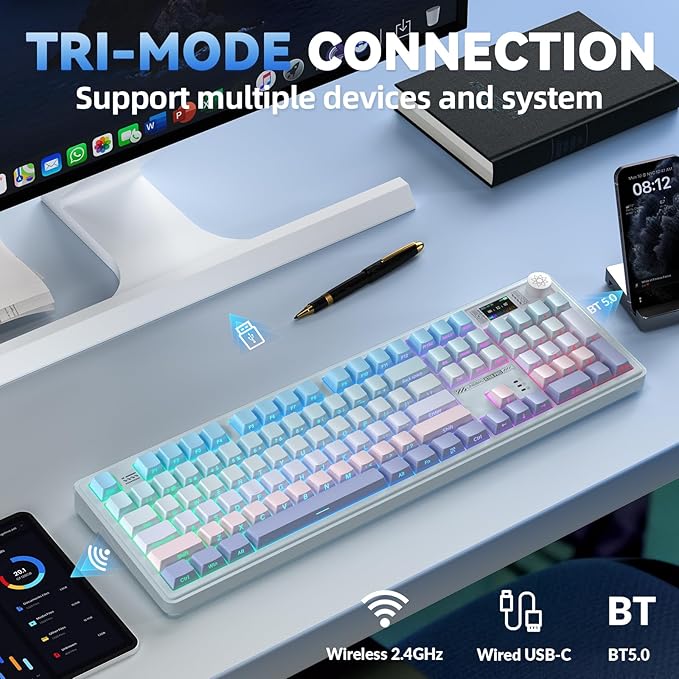 LINGBAO K108 Pro Wireless Mechanical Keyboard with Screen & Knob, Full Size Creamy Keyboard with Number Pad, 10000mAh Battery, PBT Keycaps, RGB Backlit, Hot-swappable Gaming Keyboards