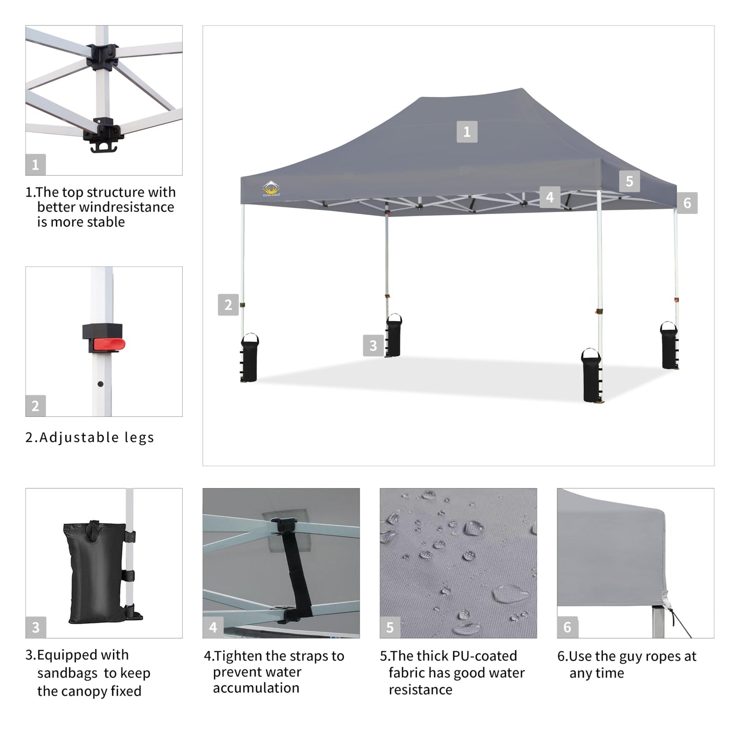 CROWN SHADES 10x15 Pop Up Canopy Tent, Thicken Frame Commercial Heavy Duty Tent, 8 Stakes & 4 Sandbags & 4 Ropes, Outdoor Canopies for Events, Parties,Grey