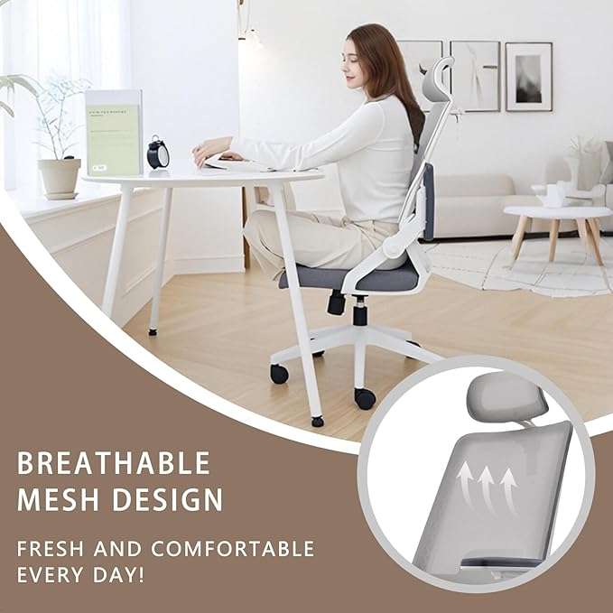 Msdizuo Ergonomic Office Computer Chair for All-Day Comfort, Dynamic Lumbar Support & Adjustable Headrest, 90° Swivel Flip-Up Arms Mesh Desk Chair - White, Tilt Lock, 350lbs