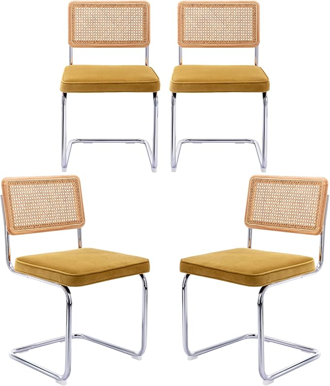 Zesthouse Dining Chairs Set of 4, Natural Rattan Accent Chairs with Solid Wood Back & Stainless Chrome Base, Mid Century Modern Breuer Design Inspired, Upholstered Velvet Kitchen Chairs, Yellow