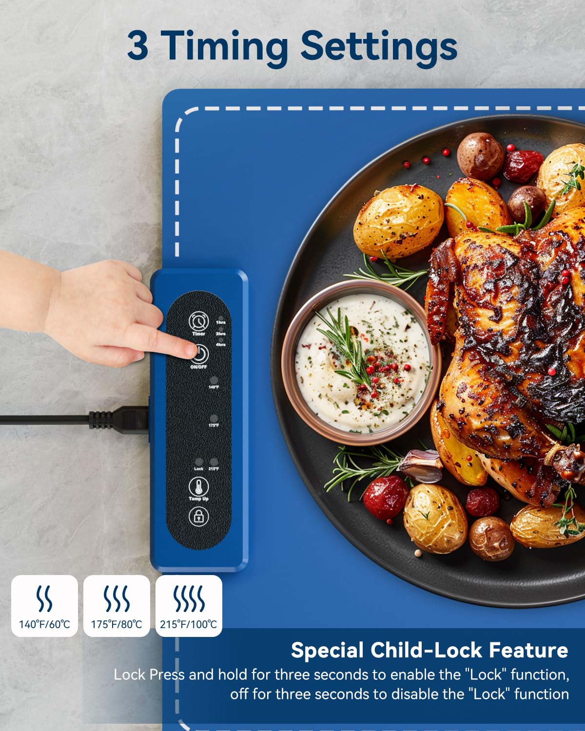 Negative ion Food Warming Mat with Adjustable Temperature,Foldable Electric Warming Tray for Parties Features 3 Modes & Fast Heating,Roll Up Food Warmer for Parties,Shabbat,Christmas (Blue)