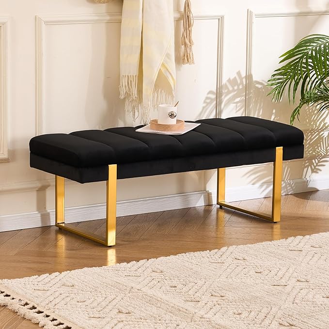 AIITTCC Velvet Ottoman Bedroom Bench, 46.5" Tufted Padded End of Bed Bench with Gold Legs, Upholstered Shoe Bench for Living Room Entryway Window (Black, 46" Wide)
