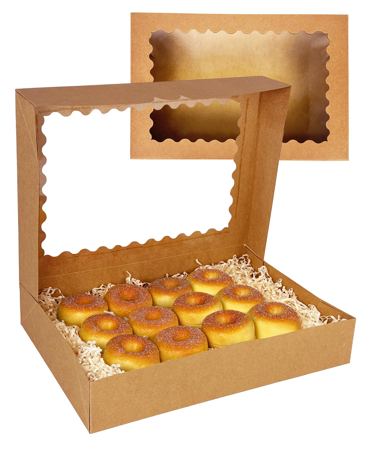 qiqee Auto-pop Up 14x10x2.5 Inch Brown Cookie Box with Window 15Pcs Pastry Macaron Bakery Box for Packaging
