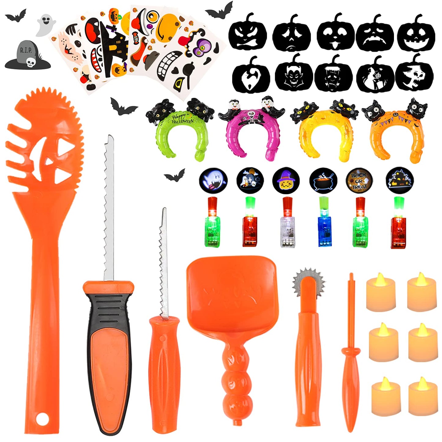 Halloween Pumpkin Carving Kit for Kids - 6 Tools Set, 6 LED Candles, 4 Balloon Headbands, 6 LED Rings, 6 Stickers, 10 Carving Stencils for Decorations