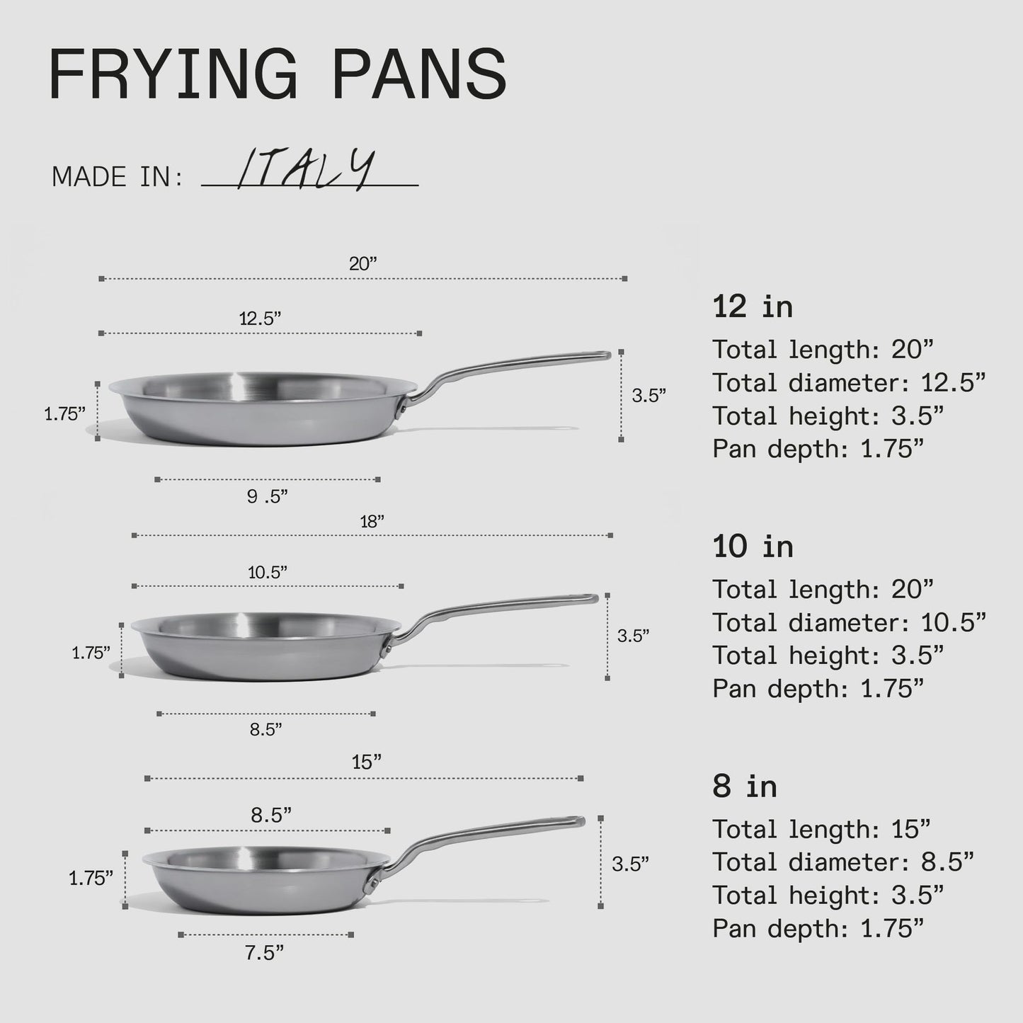 Made In Cookware | 3-Piece Stainless Clad Frying Pan Set with Universal Silicone Lid | 5 Ply Stainless Clad | Professional Cookware | Crafted in Italy | Induction Compatible