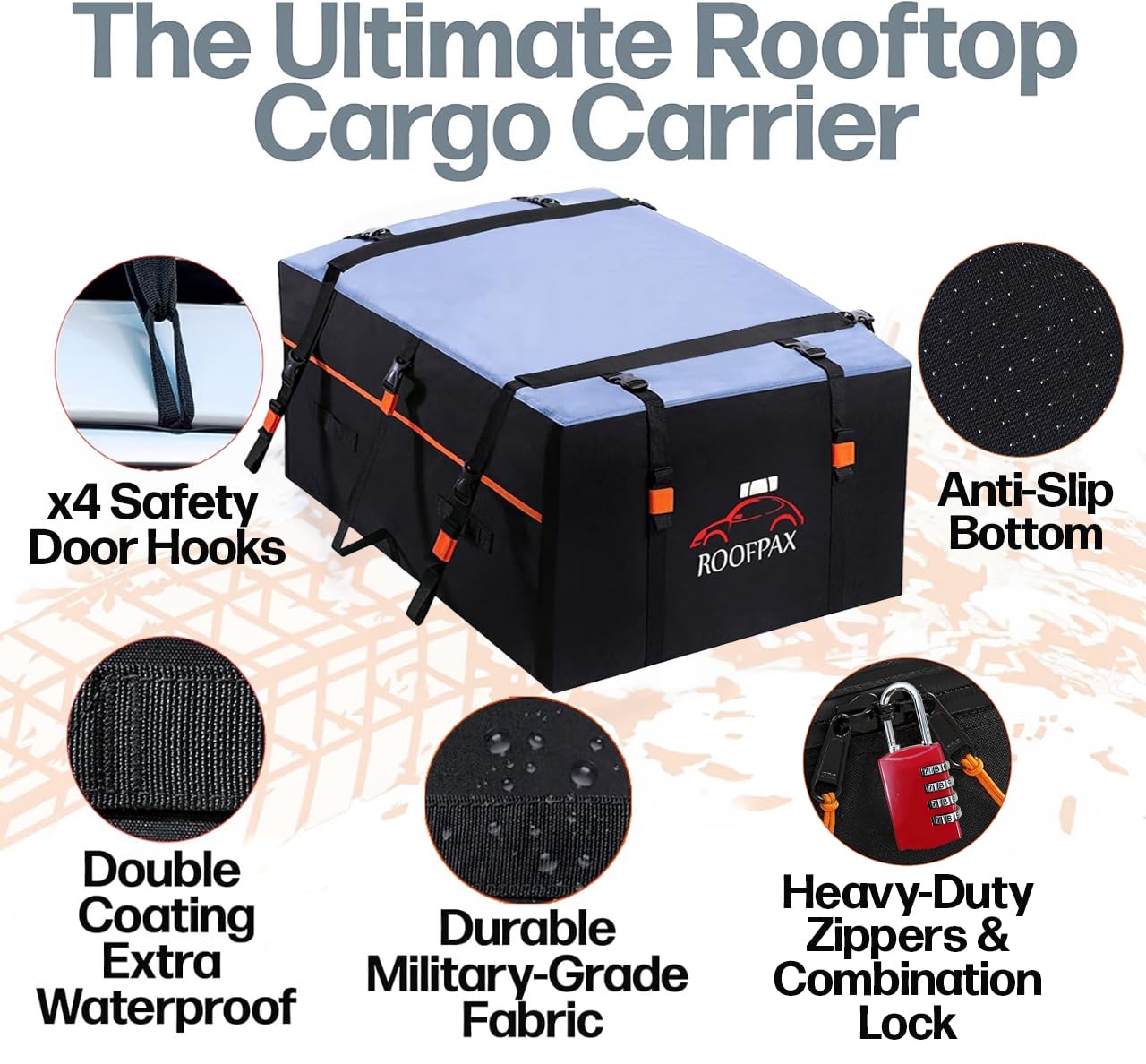 RoofPax 23 cft. Extra Waterproof Rooftop Cargo Carrier Bag, Double Weatherproof Zippers,10 Heavy-Duty Tie-Down Straps fit Cars with/Without a Rack or Side Rails, Safety Hooks Included