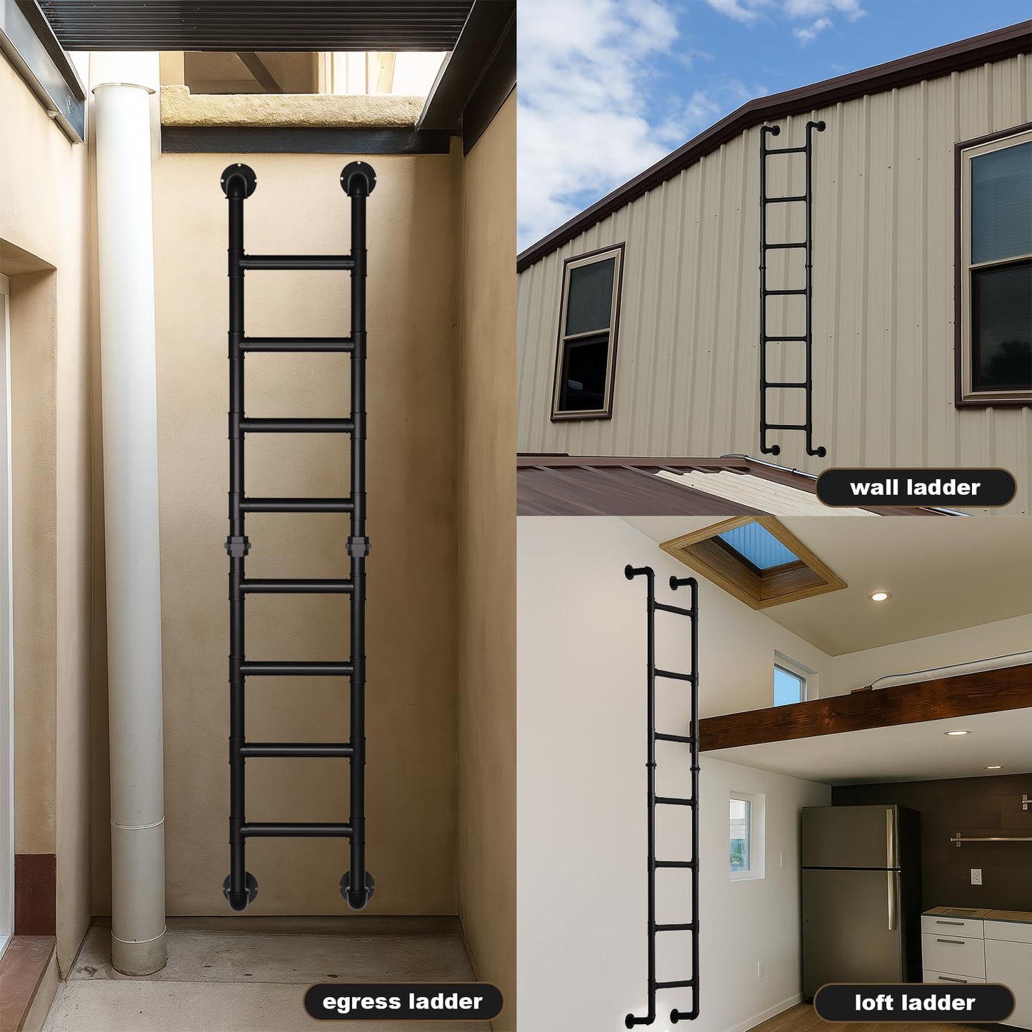 8-Rung Wall Mounted Ladder, Heavy-Duty Metal 8FT Egress Window & Loft Ladder for Basement, Attic Bunk Bed, Fire Escape - 355LBS Load, Matte Black
