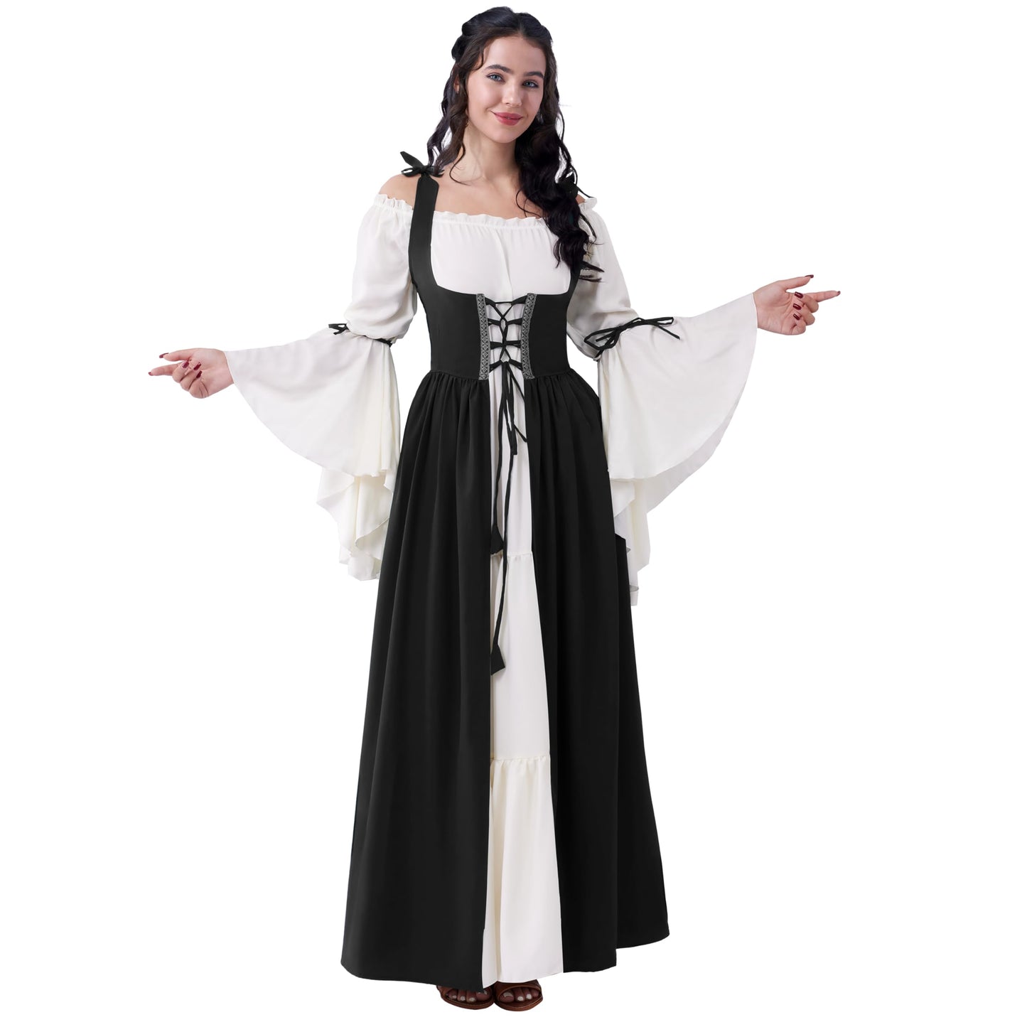 Spooktacular Creations Renaissance Costume Women, Medieval Black Chemise Ren Faire Dress Irish Overdress, Renaissance Corset with Trumpet Sleeve for Halloween Cosplay Wedding Themed Parties-S