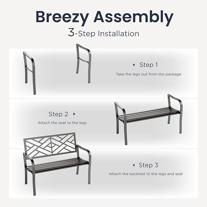 PHI VILLA 43 Inch Cast Iron Steel Frame Outdoor Garden Bench, Patio Furniture Chair Bench w/Line Pattern Design Backrest, Slatted Seat for Park, Yard, Porch - Black
