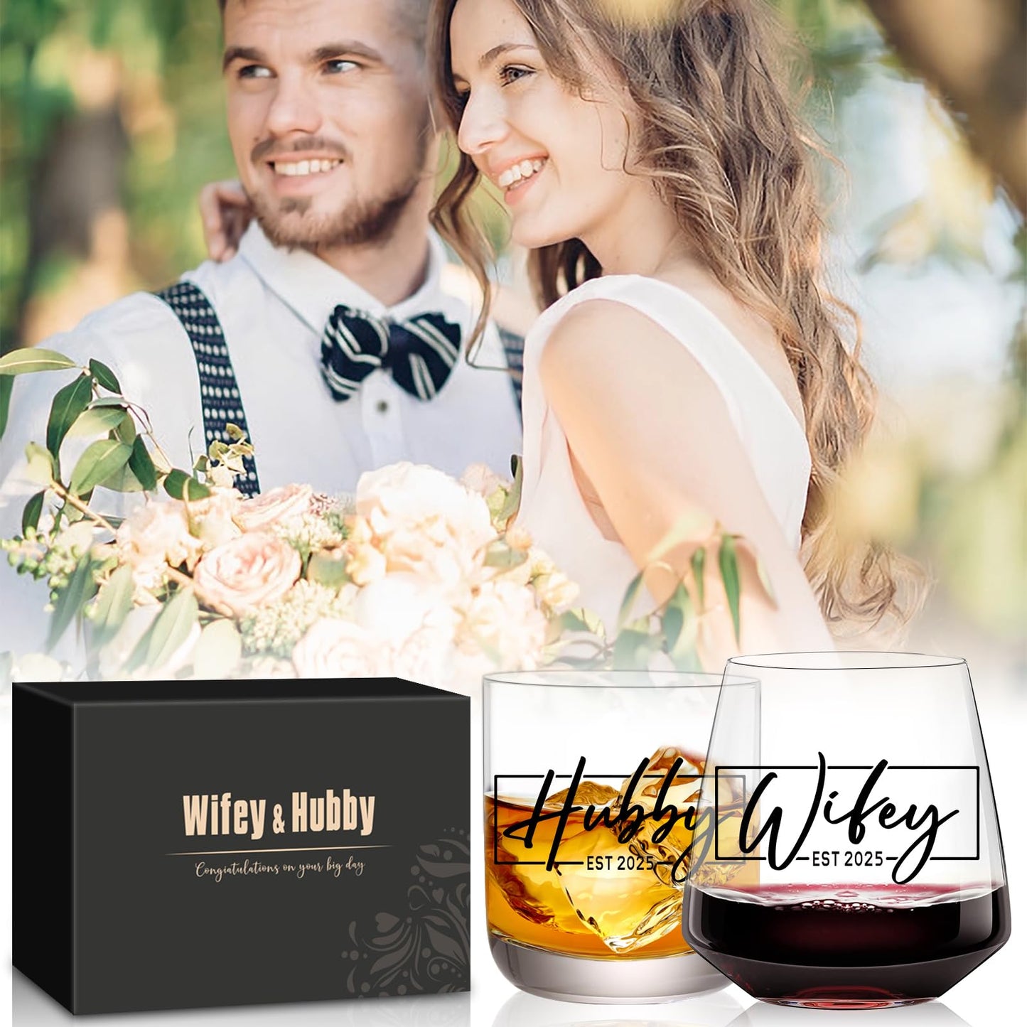 comfit Wedding Gifts for Couples,Hubby & Wifey EST 2025 Wedding Glass Set,Bridal Shower Gifts for Bride and Groom, Newly-Married Anniversary for Him/Her，Mr and Mrs Gift