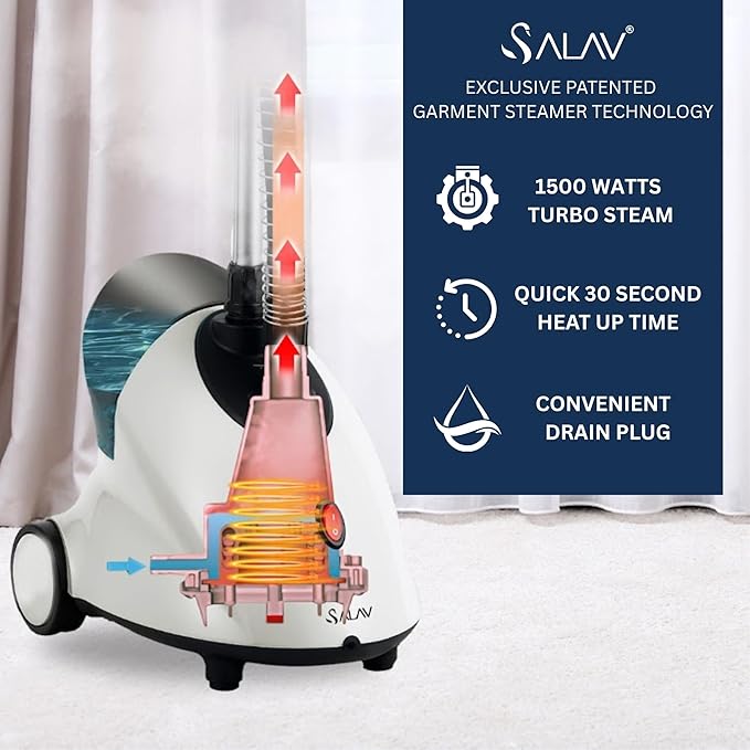 SALAV GS18 Full-Size Clothes Steamer - 1500W Power, 1.8L Water Tank, 60-Min Garment Steam, Iron Clothing, Adjustable Pole & Wheels for Easy Storage, Professional Standing Steamer for Clothes, White