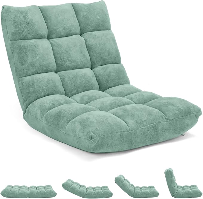 MAT EXPERT 14-Position Floor Chair, Floor Gaming Chair w/Soft Coral Fleece, Alloy Steel Frame, Padded Lazy Couch Recliner, Floor Chair with Back Support for Reading, Meditating (Green)
