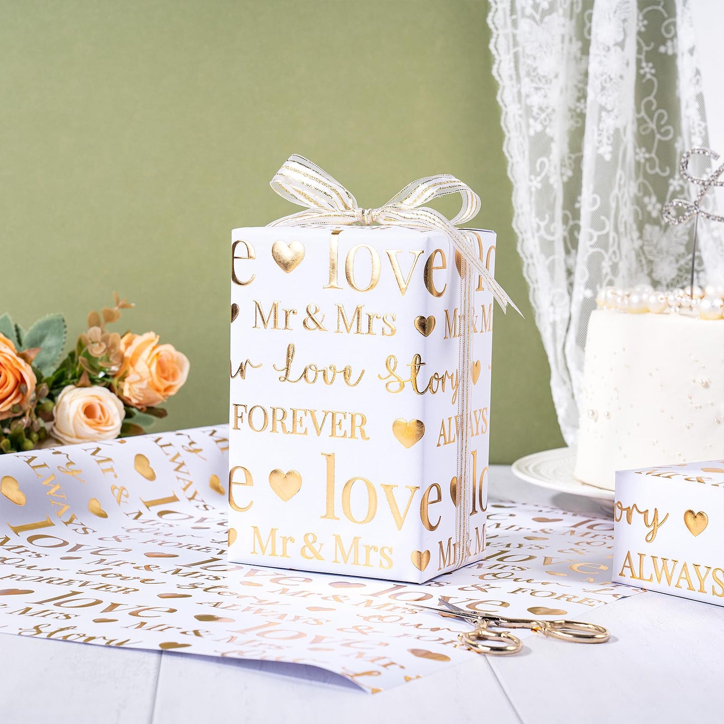 RUSPEPA Wedding Wrapping Paper Large Roll, Jumbo Roll, White and Gold Foil Love & Mr & Mrs Design, Romantic Gift Wrap for Wedding, Bridal Shower, Anniversary, Engagement, 30 Inches x 16.4 Feet
