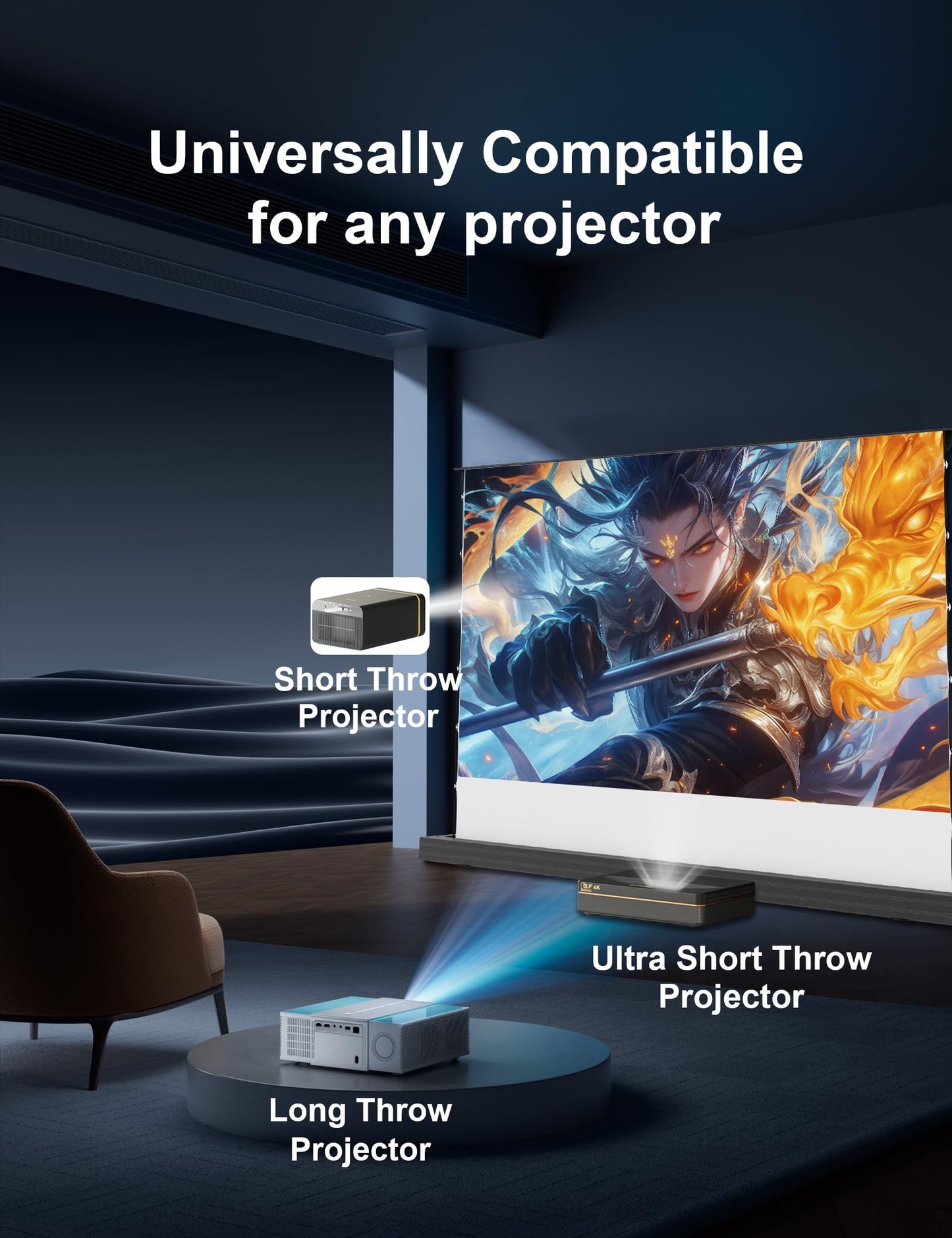 IN&VI 120" Matte White Floor Rising Projector Screen Motorized for UST Long/Standerd Throw Projector,Movie Screen for Home Theater,Motorized Projector Screen 4K/8K Ultra HD Active 3D