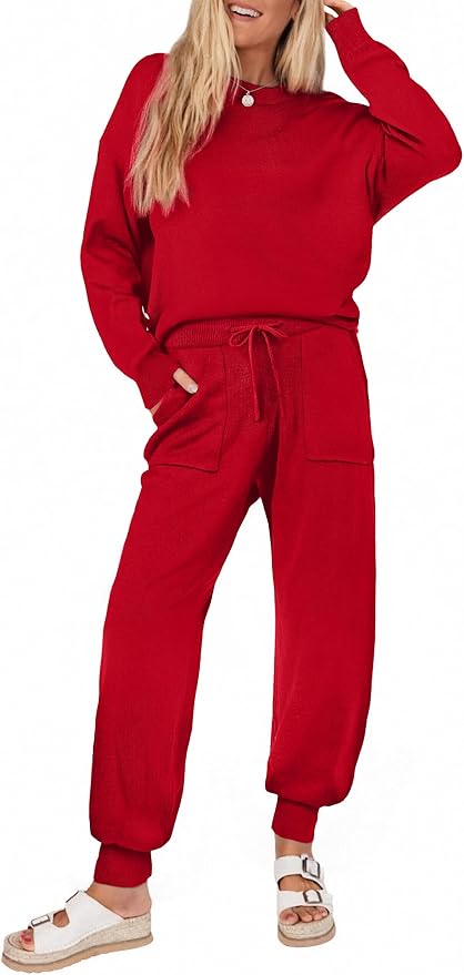 Ekouaer Women's 2 Piece Lounge Set Long Sleeve Knit Pajamas Sweatsuit Jogger Pant Outfits With Pockets S-XXL