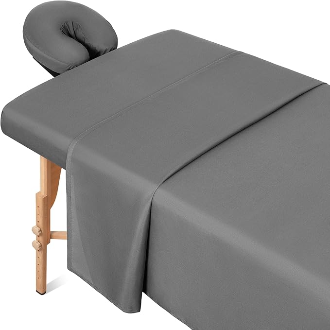 Comfyanno Massage Table Sheets Sets, 3 Pcs Professional Microfiber Massage Bed Cover Sheets, Soft, Light-Weight, Stain & Wrinkle Resistant, Includes Flat & Fitted Sheet, Face Cradle Cover - Gray