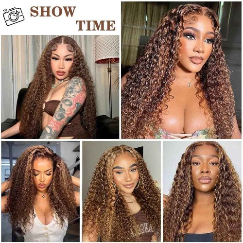 virginess Ombre Highlight Wear and Go Glueless Wigs Human Hair Pre Plucked Pre Cut Deep Wave Lace Front Wigs Human Hair 4x4 Lace Closure Wig for Black Women 180% Density Curly Wig 20 Inch