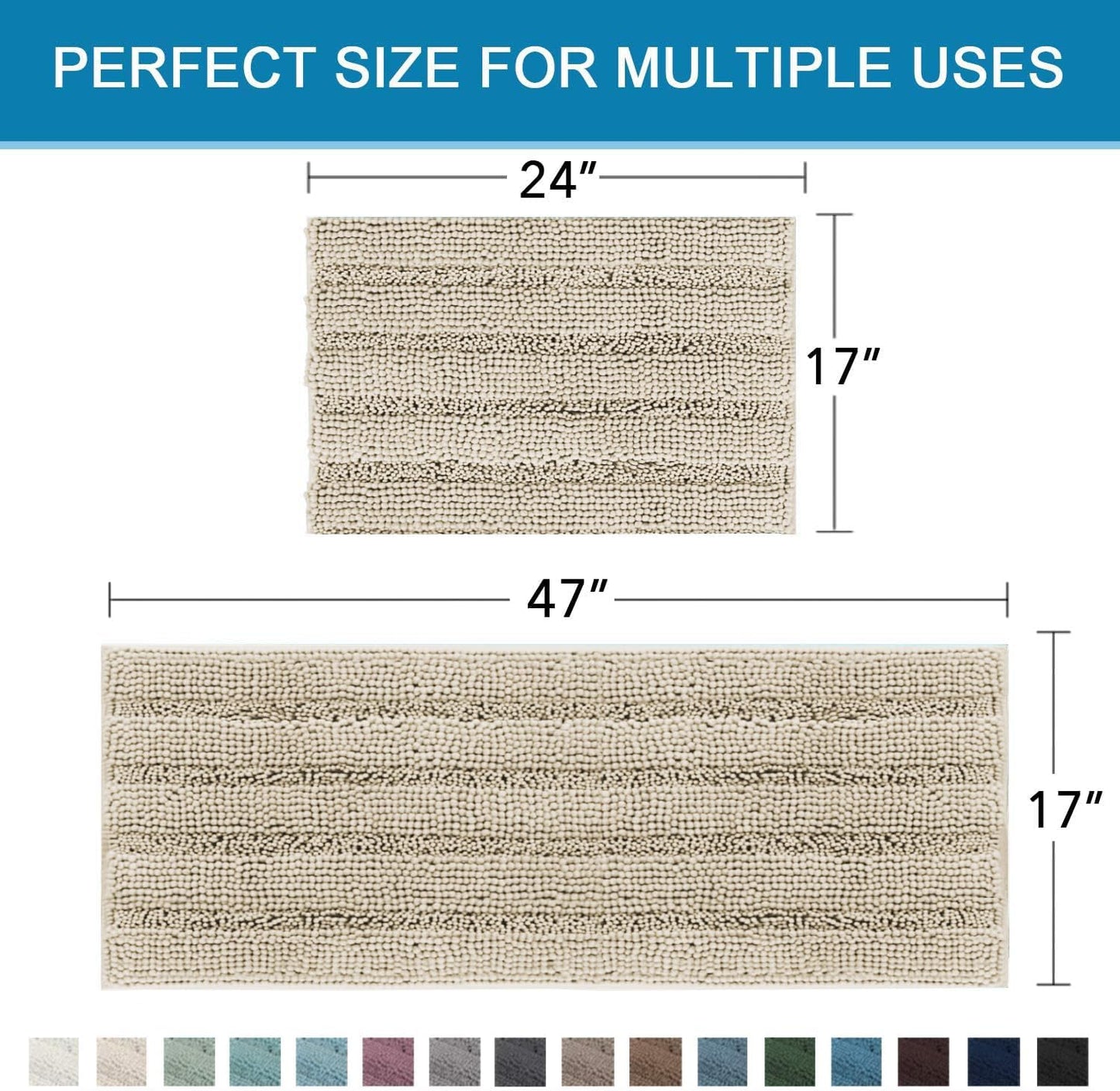 H.VERSAILTEX Bathroom Rug Sets 2 Piece Bath Mats Non Slip Thick Soft Chenille Striped Bath Rug achine Washable Shower Floor Rugs for Tub, Shower and Floor (Fog, 47" x 17"/17" x 24")