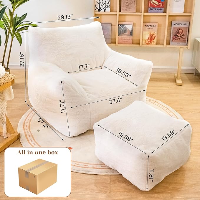 Cvortll Bean Bag Chair with Ottoman, Armrest Bean Bag Chairs with Filler, Ultra Soft Fluffy Faux Fur Bean Bag Chair with Foot Rest, Plush Lazy Sofa with Foot Stool for Living Room, Dorm