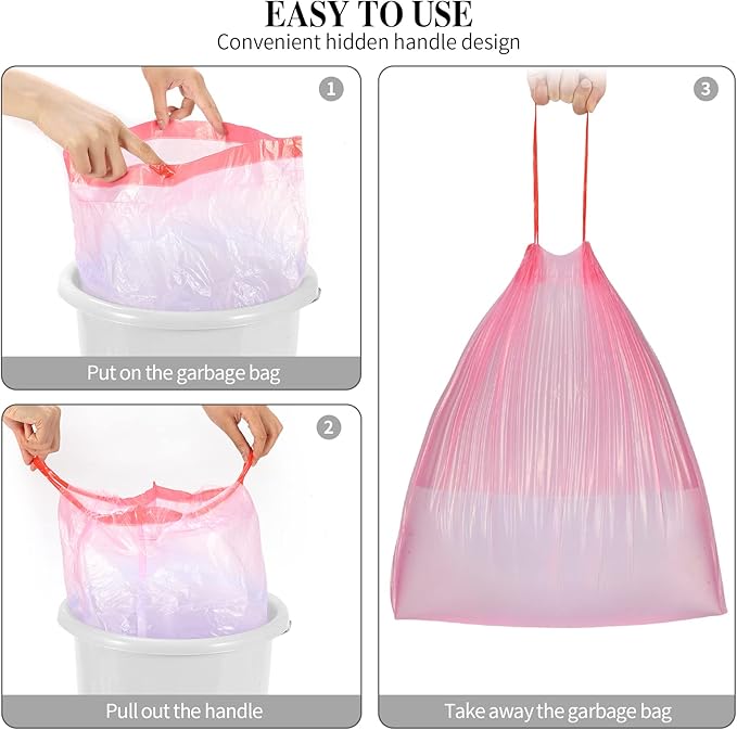 6Rolls Drawstring Small Trash Bags,4 Gallon Thicken Drawstring Small Garbage Bags for Kitchen,Bathroom,Bedroom,Home,Office Trash Cans，120 Counts (Pink)