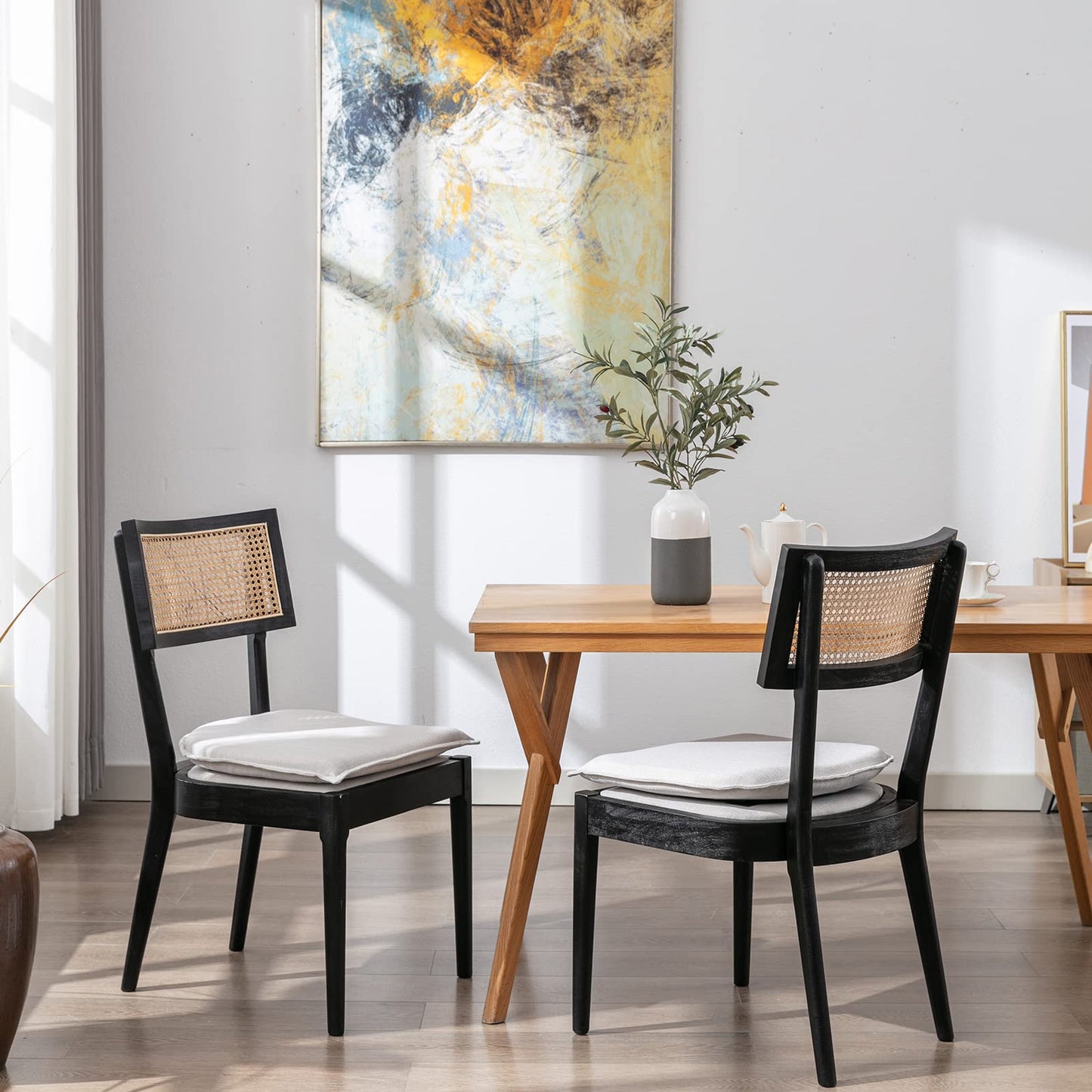 ZH4YOU Black Rattan Dining Chairs Set of 2, Farmhouse Cane Back Kitchen Chairs with Removable Linen Upholstery Side Chairs with Wood Legs for Dining Room/Restaurant