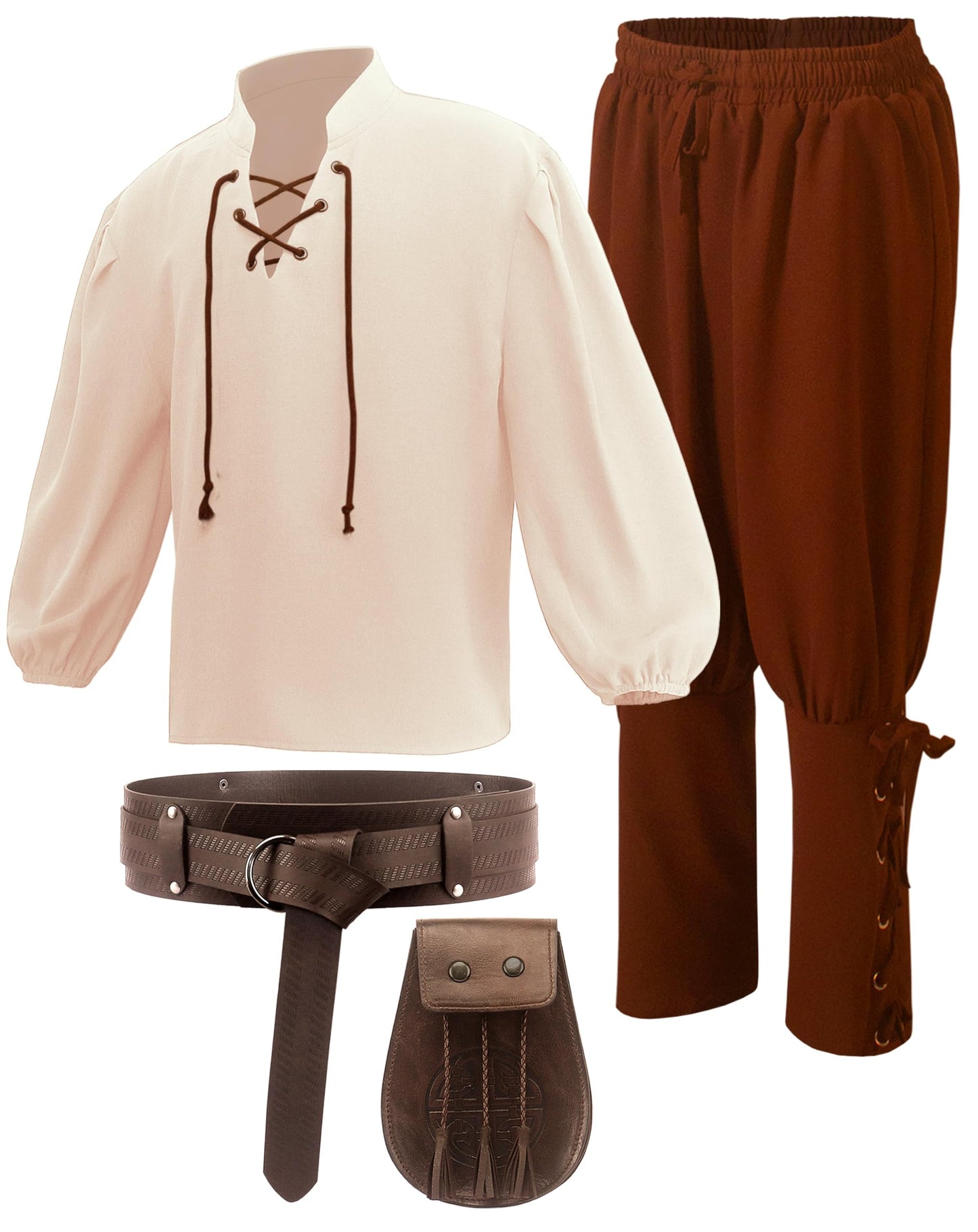 Kids Medieval Costume Boys Renaissance Cosplay Viking Belt Pouch Accessories for Halloween 11-12y Beige Tunic Brown Pants