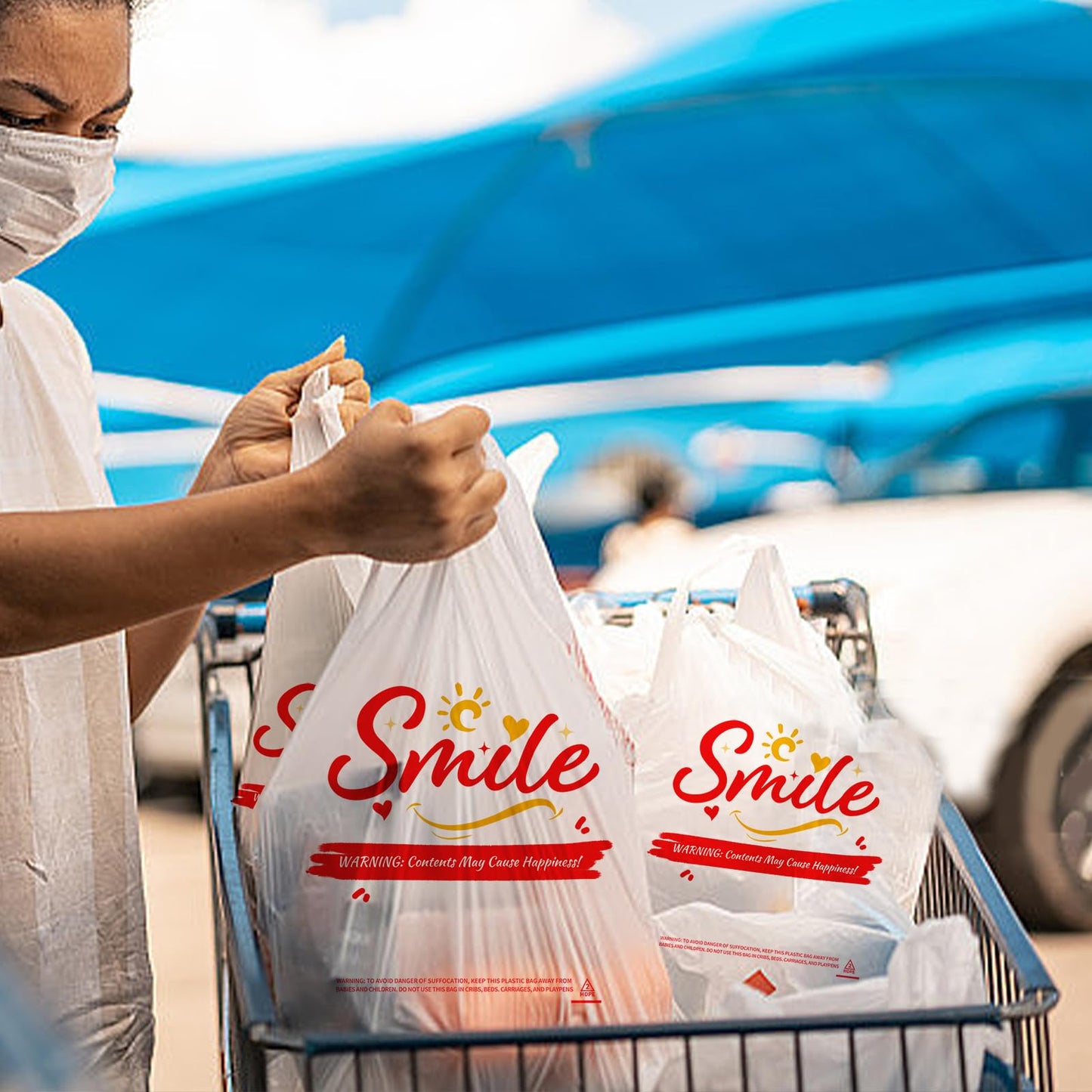 TGEONIX 100 Pack White Smile Plastic Bag - 11.5"x6.5"x21" T-Shirt Grocery Bags with Handles, Cheerful Alternative to Thank You Bags, Bulk for Retail, Supermarkets & Small Business