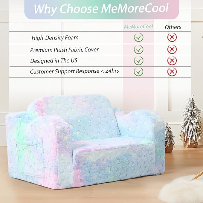 MeMoreCool Folding Toddler Chair, Soft Plush Fold Out Kids Couch Sofa Glow in The Dark, Comfy Baby Recliner for Girls Boys (Blue Galaxy)