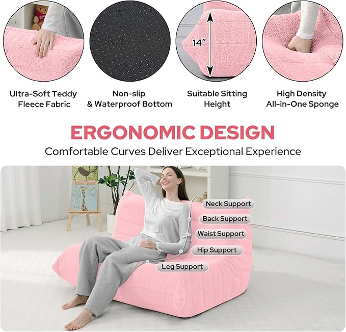 HABUTWAY Bean Bag Chairs Fireside Lazy Floor Sofa, Soft Teddy Fleece 2 Seater Sofa with High-Resilience Foam Filling，Beanbag for Living Room, Bedroom, Office (Pink Teddy)