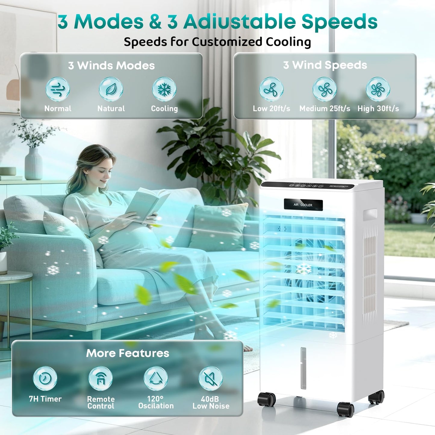 Portable Air Conditioners, Windowless Portable AC with 3 Speeds, 3 Modes, 8L Evaporative Air Cooler w/7H Timer, 90°Oscillation, Remote Control Air Conditioners for Bedroom, Small Room, Home (White)