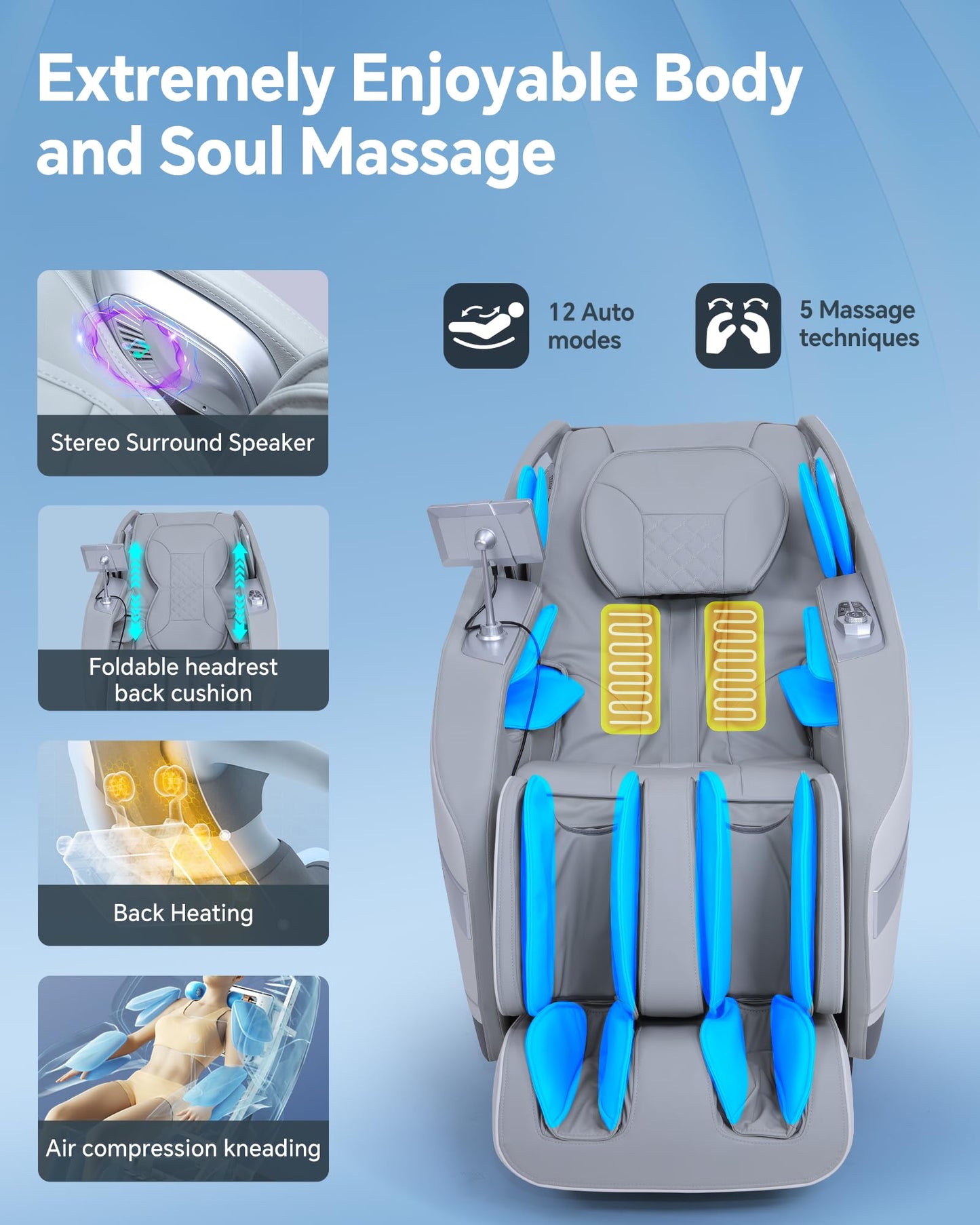 UIIU Massage Chair Full Body Zero Gravity, 3D ‌SL-Track Shiatsu Massage with Unique Rocking Sleep Mode, Upgraded Calf & Knee Massage (+11cm) for Tall People, Wireless Charging &Touch Screen,Gray Wh