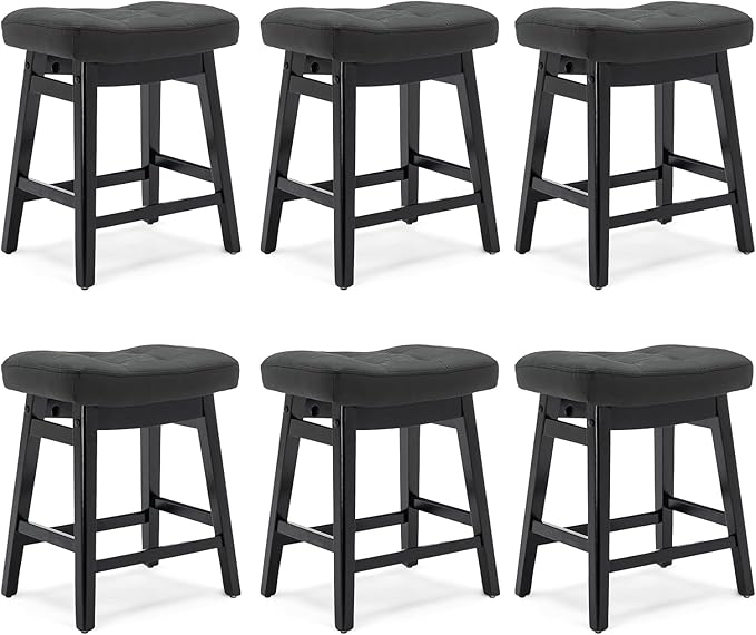 RNKSFX Counter Height Black Bar Stools Set of 6 for Kitchen Counter, Backless Farmhouse Kitchen Island Barstools with Upholstered Faux Leather Saddle Seat and Solid Wood Legs Modern 24 inch Bar Chairs