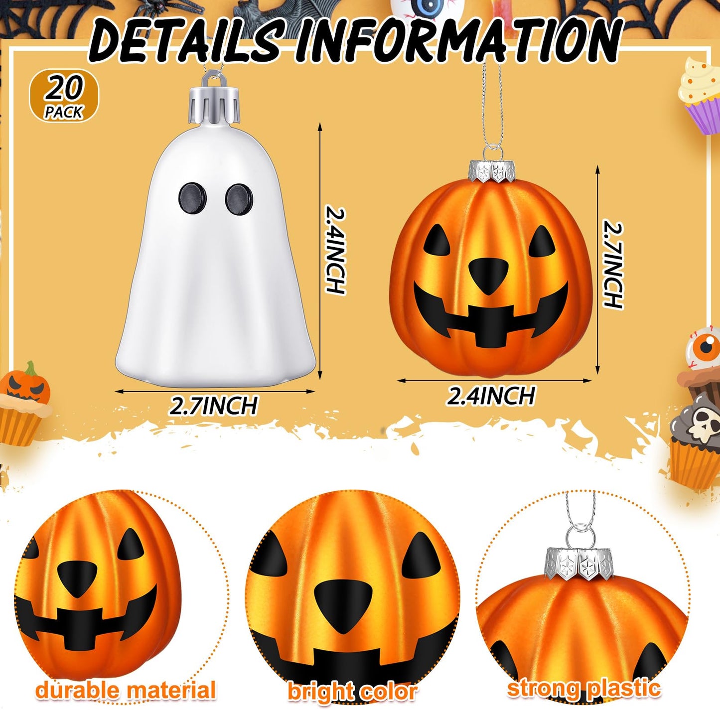 VioraWhite 20 Pcs Halloween Hanging Ornaments Cute Sliver Ghost and Gold Pumpkin Lantern Decoration Mini Plastic Halloween Tree Decorations for Home Holiday Party Decor